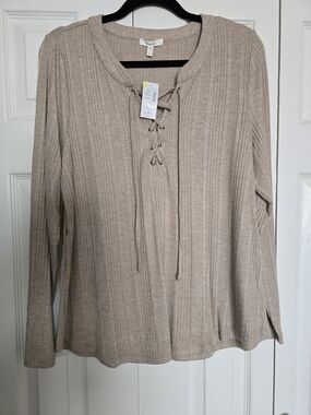Treasure & Bond Beige Ribbed Lace-Up Long Sleeve Top